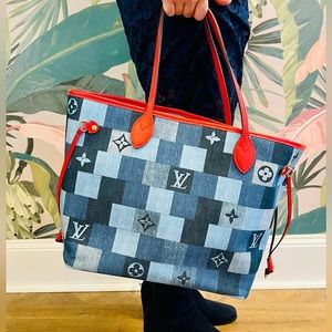 AUTHENTIC LOUIS VUITTON Neverfull Blue X Red Monogram Denim Patchwork Tote!